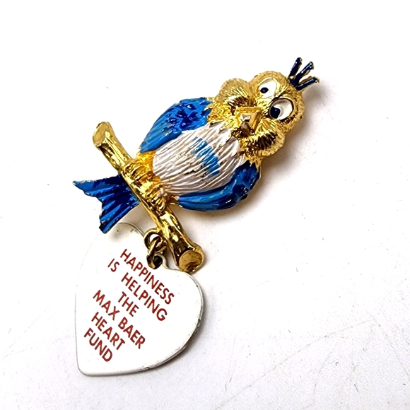 Vintage Jewelry - Bluebird Max Baer Heart Fund Lapel Pin FOE Happiness is Helping Fundraiser